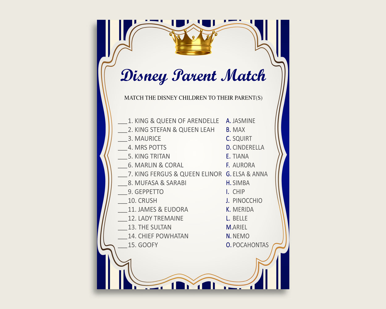 Royal Prince Disney Parent Match Game, Boy Baby Shower Game, Blue Gold Match The Disney Parents Printable, Instant Download, rp001