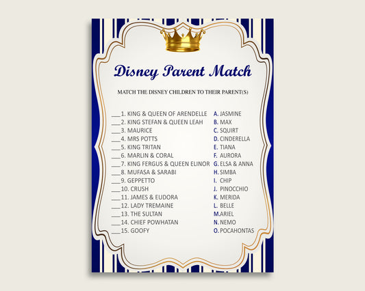 Royal Prince Disney Parent Match Game, Boy Baby Shower Game, Blue Gold Match The Disney Parents Printable, Instant Download, rp001