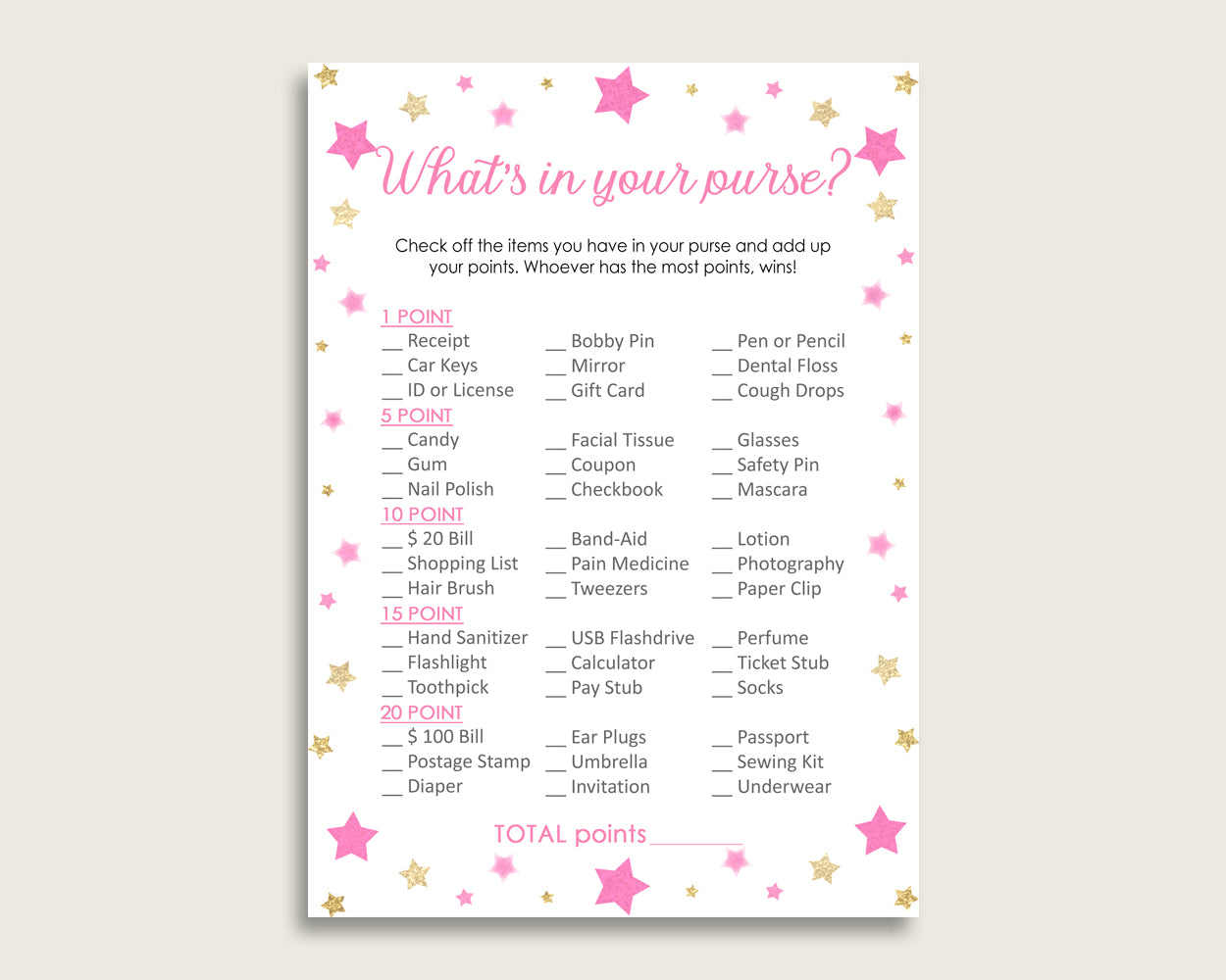 Twinkle Star What's In Your Purse Game Printable, Pink Gold Whats In Your Purse, Girl Baby Shower Purse Game, Instant Download, bsg01