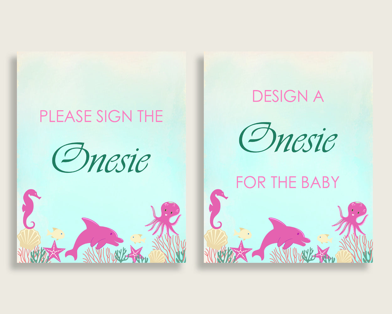 Pink Green Please Sign The Onesie Sign and Design A Onesie Sign Printables, Under The Sea Girl Baby Shower Decor, Instant Download, uts01