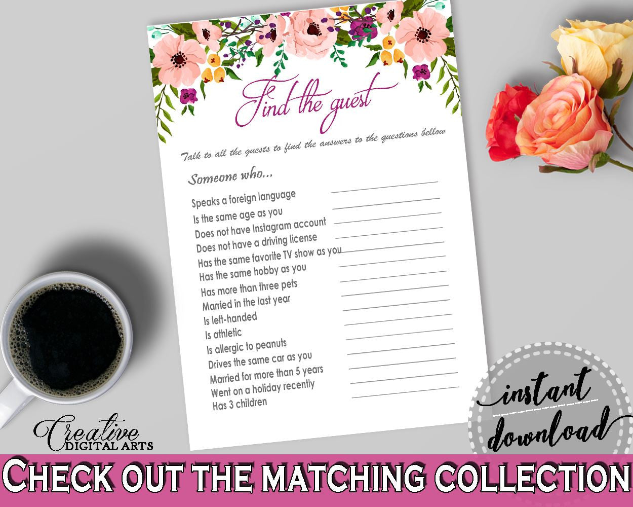 White And Pink Watercolor Flowers Bridal Shower Theme: Find The Guest Game - guess the guest game, customizable files, party theme - 9GOY4 - Digital Product