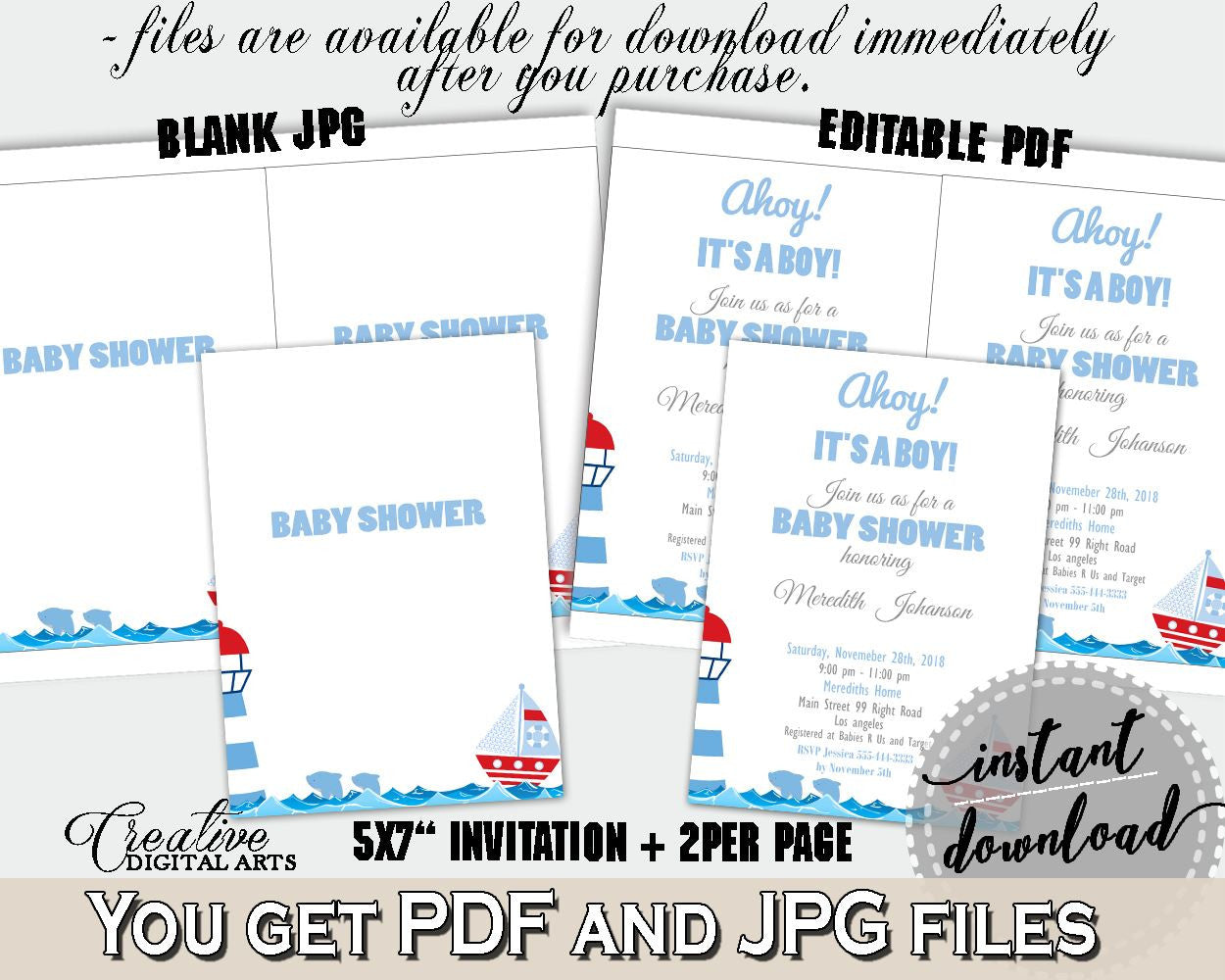 Invitation Baby Shower Invitation Nautical Baby Shower Invitation Baby Shower Nautical Invitation Blue Red party theme, party ideas DHTQT - Digital Product