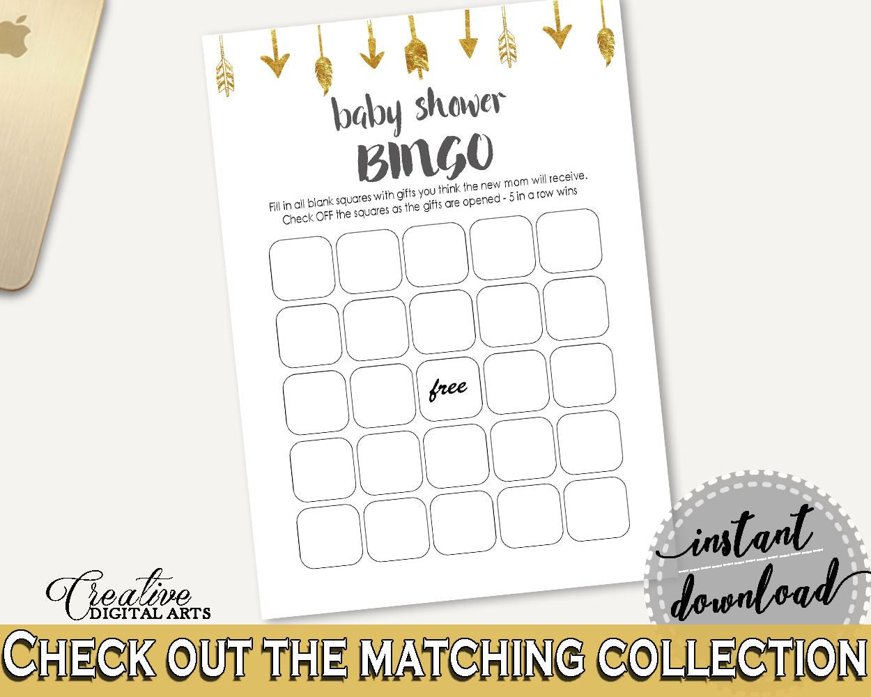 Empty Bingo Baby Shower Empty Bingo Gold Arrows Baby Shower Empty Bingo Baby Shower Gold Arrows Empty Bingo Gold White - I60OO - Digital Product