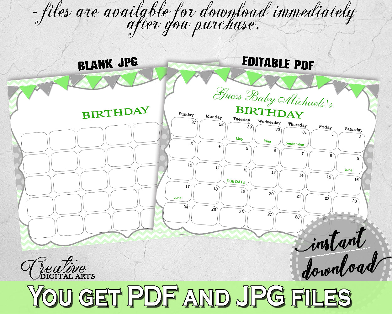 Baby Shower BIRTHDAY PREDICTION due date calendar editable with chevron green theme printable, instant download - cgr01