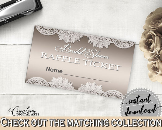 Raffle Ticket in Traditional Lace Bridal Shower Brown And Silver Theme, prize ticket, elegant bridal, customizable files, prints - Z2DRE - Digital Product