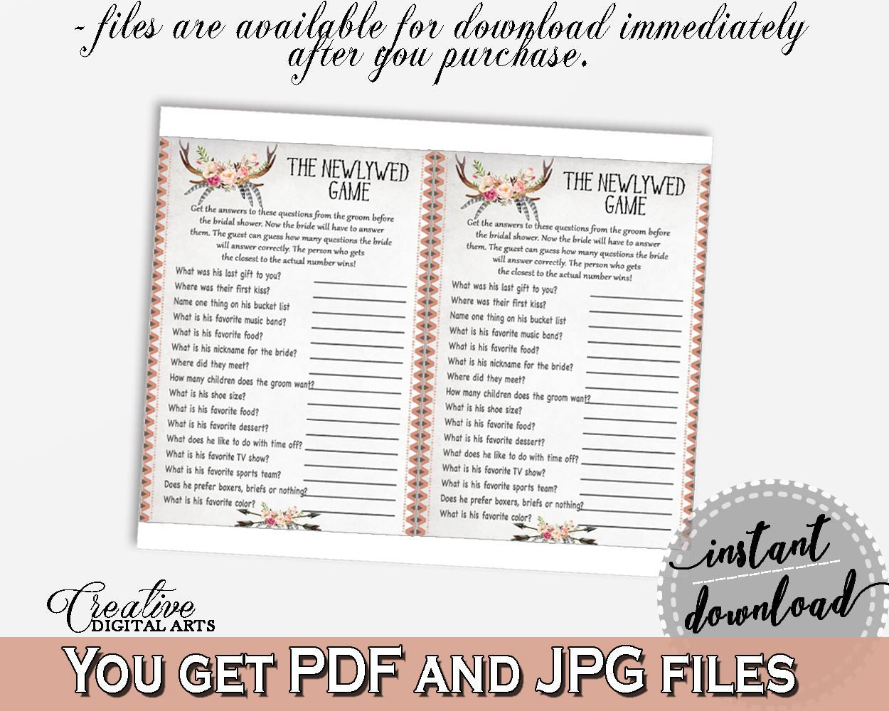 Gray and Pink Antlers Flowers Bohemian Bridal Shower Theme: The Newlywed Game - what did bride say, deer antlers, shower activity - MVR4R - Digital Product