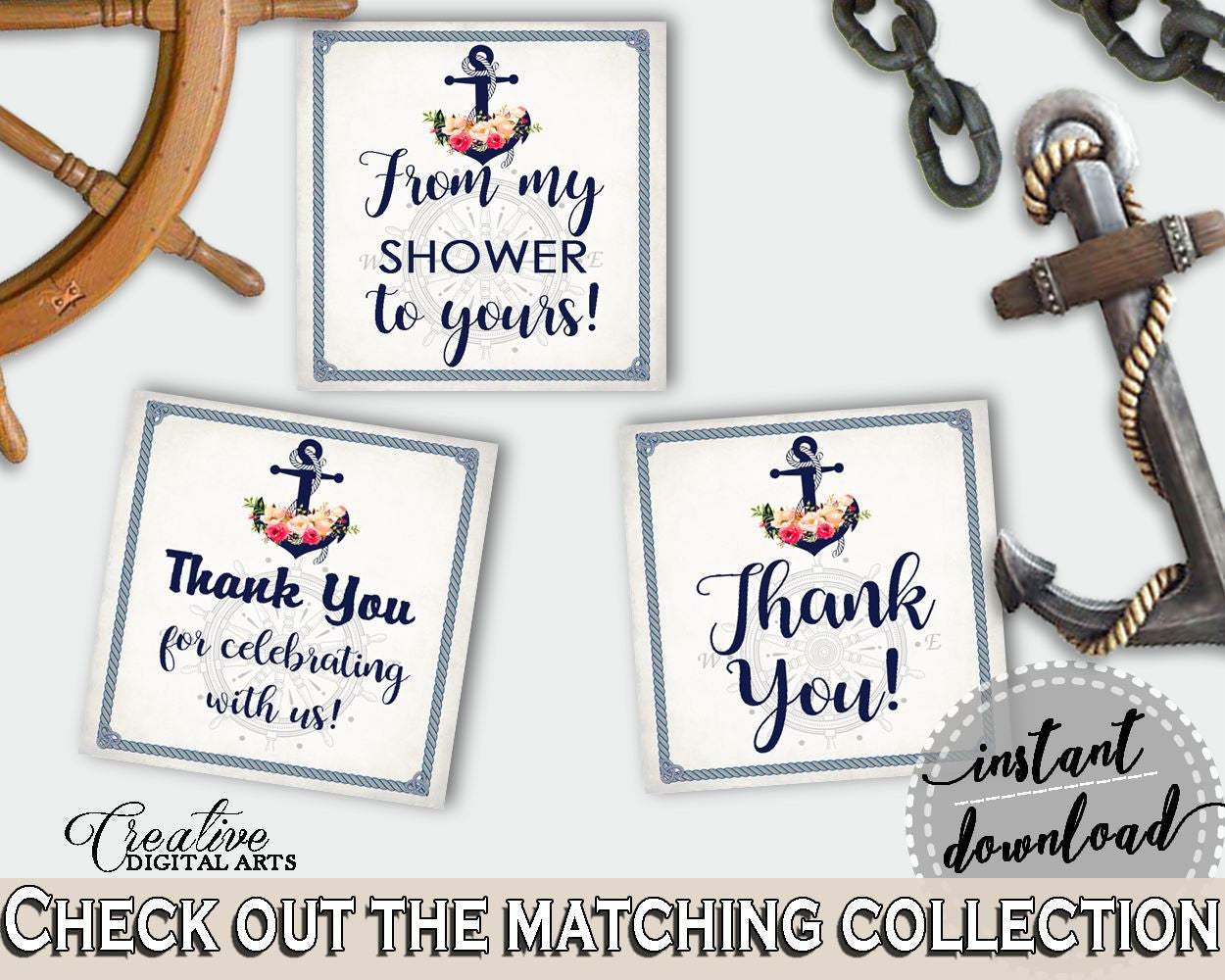 Nautical Anchor Flowers Bridal Shower Thank You Tags Square in Navy Blue, from my shower, underwater theme, shower celebration - 87BSZ - Digital Product