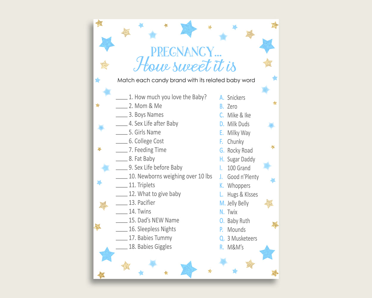 Blue Gold Pregnancy How Sweet It Is Game, Stars Baby Shower Boy, Printable Candy Bar Match Game, Instant Download, Most Popular bsr01