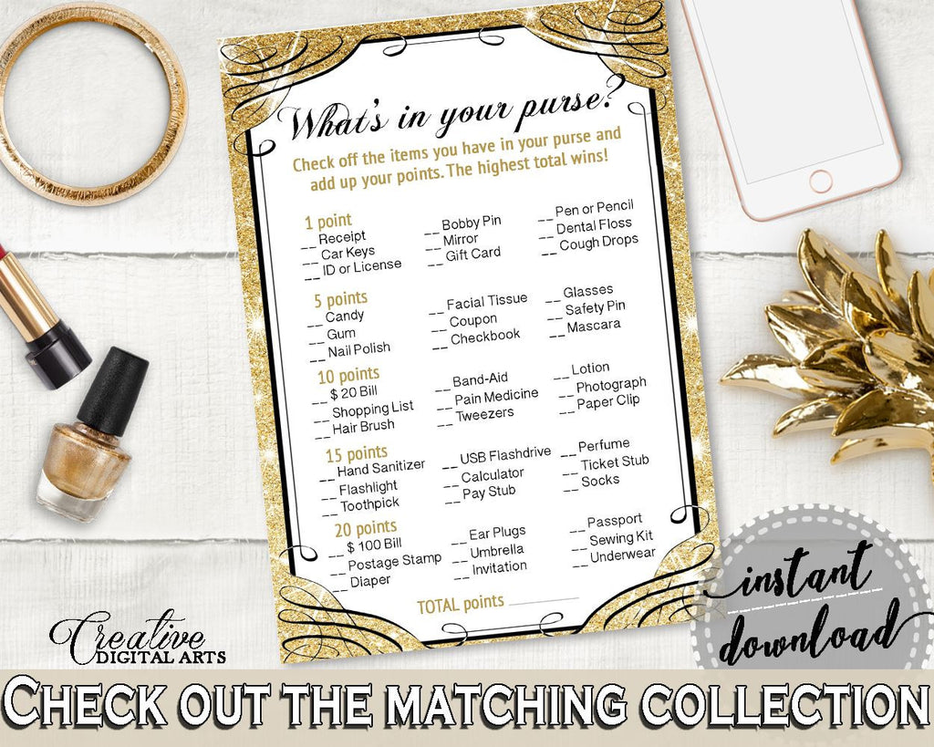 Glittering Gold Bridal Shower What's In Your Purse Game in Gold And Yellow, what's in purse, glisten gold, prints, printables - JTD7P - Digital Product