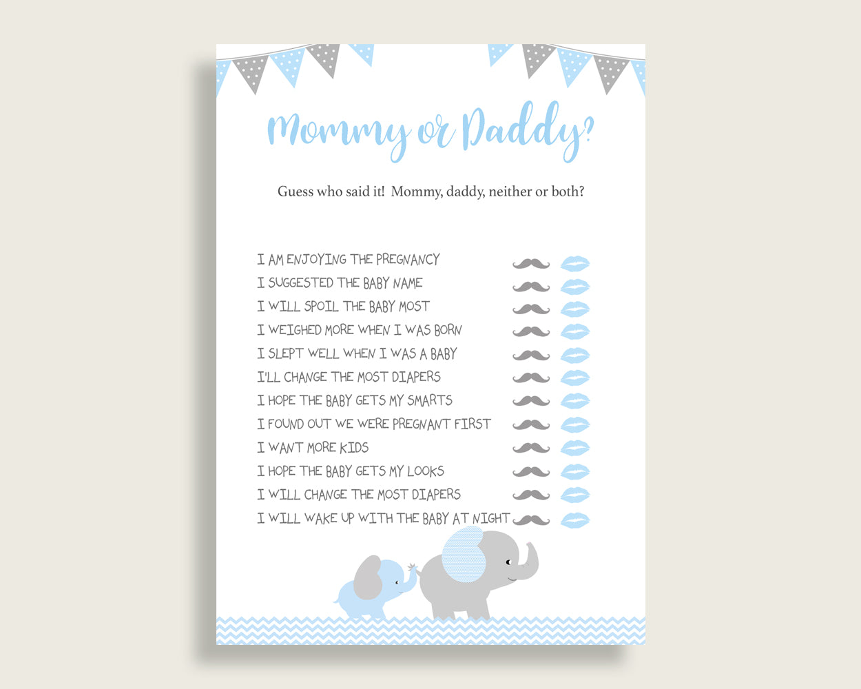 Blue Grey Mommy Or Daddy Baby Shower Boy Game Printable, Elephant Guess Who Said It, He Said She Said, Instant Download, Most Popular, ebl02