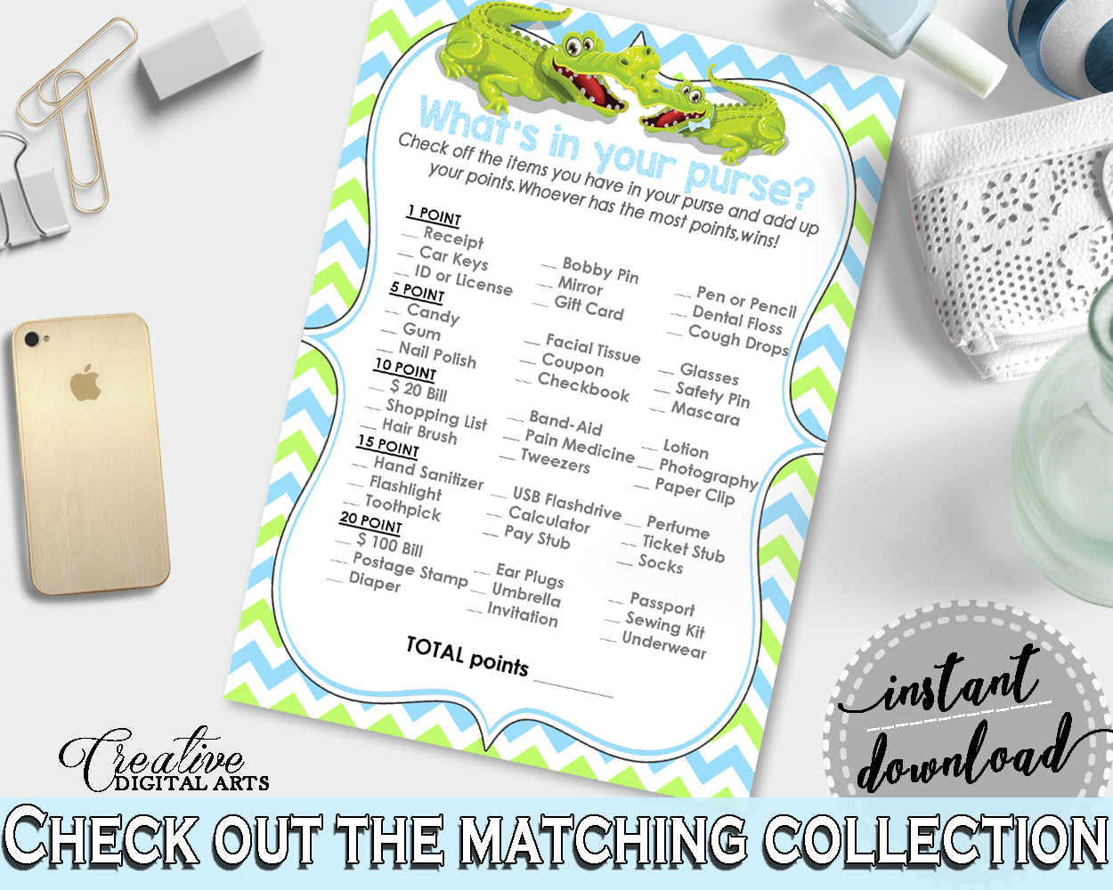 WHAT'S IN YOUR PURSE baby shower game with green alligator and blue color theme, instant download - ap002