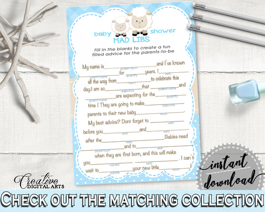 Little Lamb Boy Baby Shower MAD LIBS game printable, blue baby shower game sheep, digital files Jpg Pdf, instant download - fa001