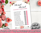 Bohemian Flowers Bridal Shower He Said She Said Game in Pink And Red, first move, stylish bridal, party planning, party plan, prints - 06D7T - Digital Product
