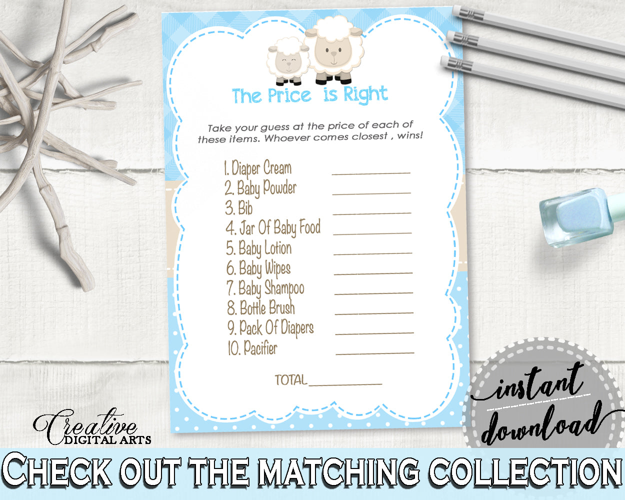 Baby Shower Lamb The PRICE IS RIGHT game, baby boy blue theme sheep printable, digital files Jpg Pdf, instant download - fa001