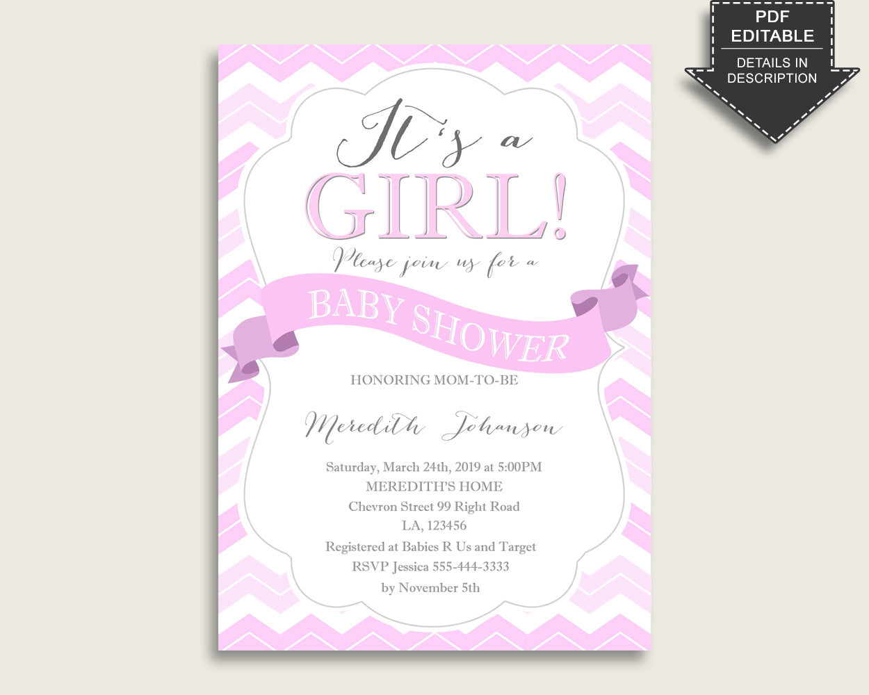 Chevron Baby Shower Invitations Printable, Digital Or Printed Invitation Baby Shower Girl, Editable Invitation Pink White Popular cp001