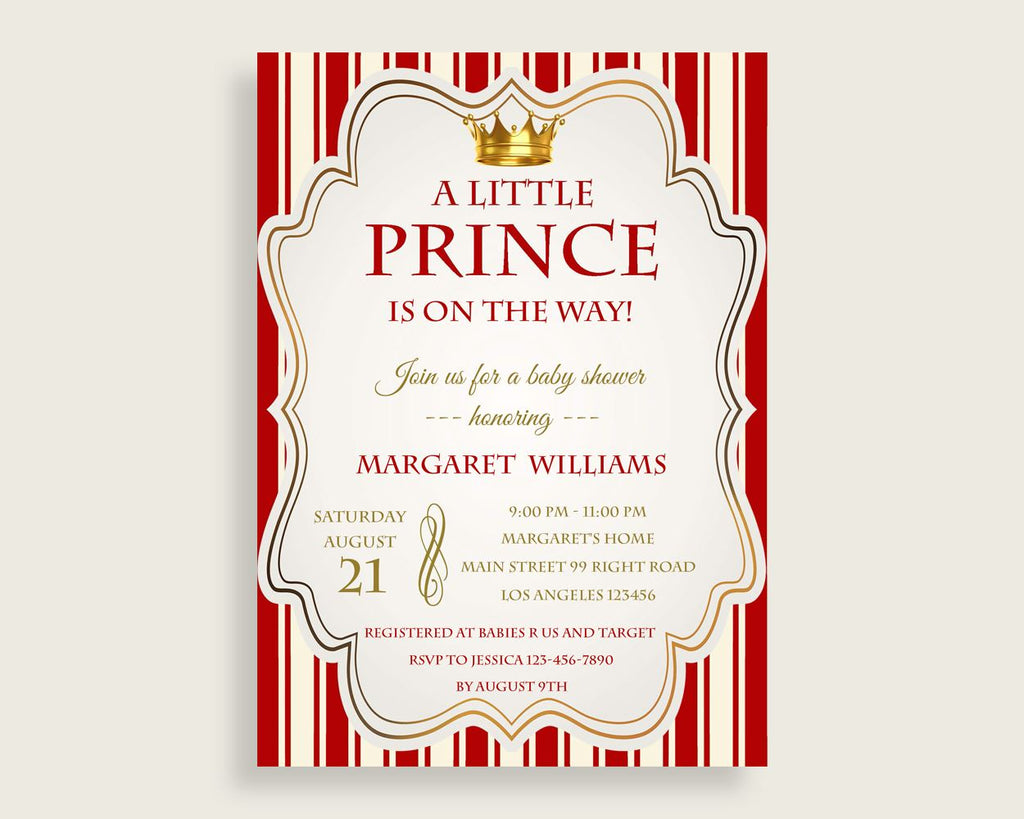 Prince Baby Shower Invitations Printable, Digital Or Printed Invitation Baby Shower Boy, Editable Invitation Red Gold Crown Most 92EDX