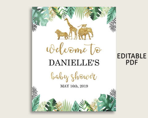 Gold Green Jungle Baby Shower Welcome Sign Printable, Party Large Sign, Editable Welcome Sign Gender Neutral, Yard Sign, Instant EJRED