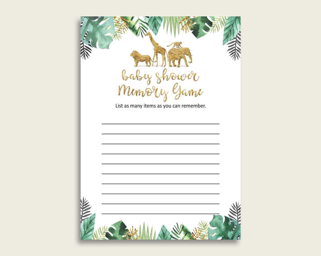 Jungle Baby Shower Memory Game, Gold Green Memory Guessing Game Printable, Baby Shower Gender Neutral, Instant Download, Gold Animals EJRED