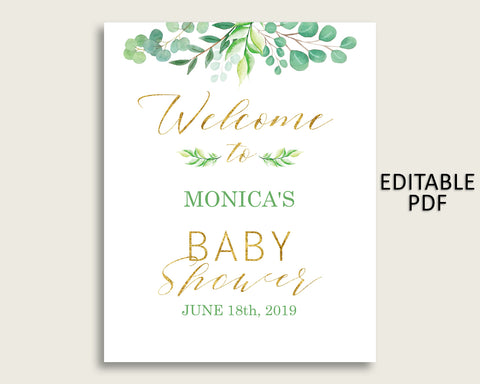 Green Gold Greenery Baby Shower Welcome Sign Printable, Party Large Sign, Editable Welcome Sign Gender Neutral, Yard Sign, Instant Y8X33