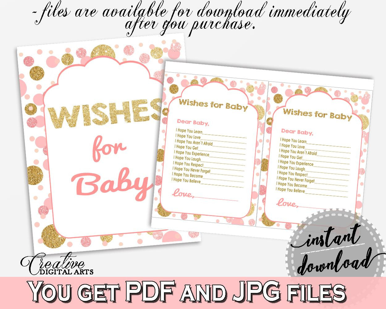 Wishes, Baby Shower Wishes, Dots Baby Shower Wishes, Baby Shower Dots Wishes Pink Gold shower celebration, bridal shower idea, party RUK83 - Digital Product