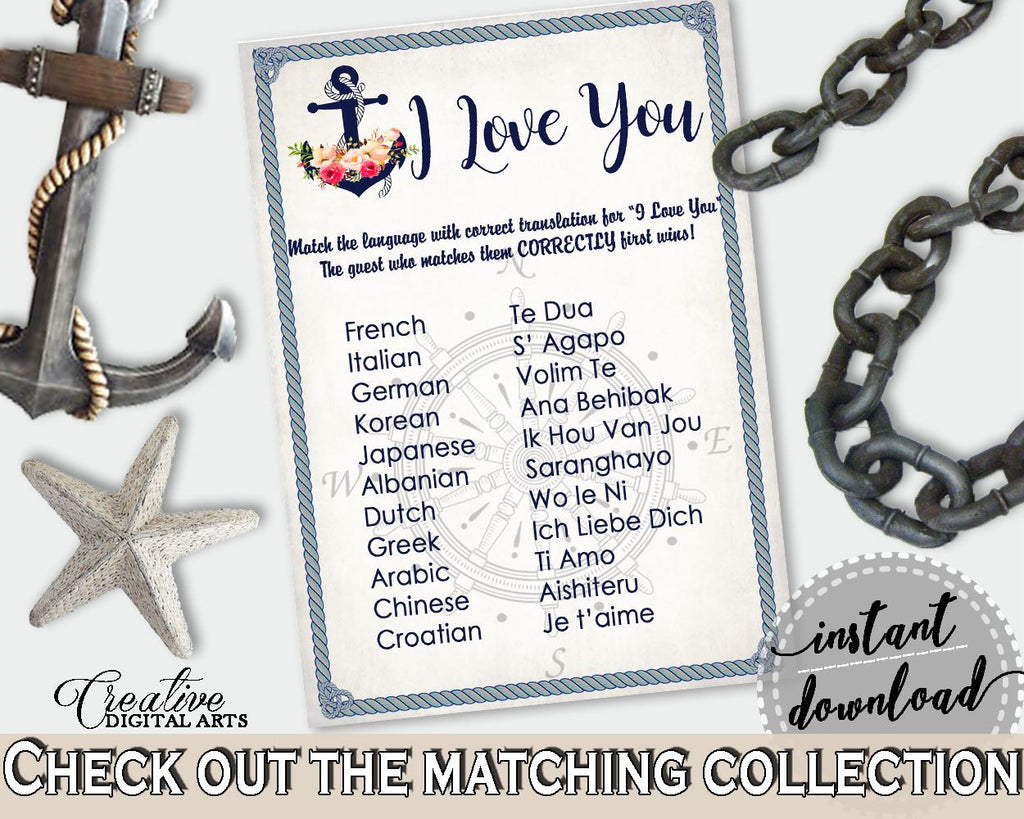I Love You Game in Nautical Anchor Flowers Bridal Shower Navy Blue Theme, love you languages, bridal shower style, party stuff - 87BSZ - Digital Product
