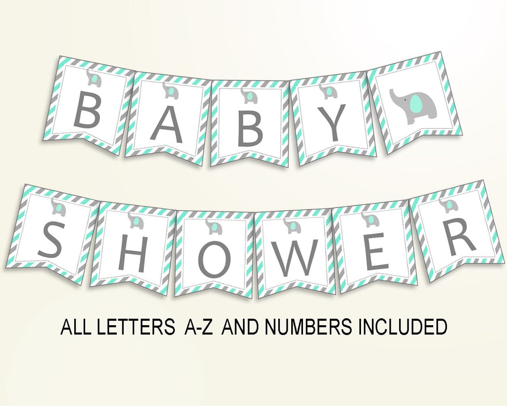 Banner Baby Shower Banner Turquoise Baby Shower Banner Baby Shower Elephant Banner Green Gray party planning paper supplies prints 5DMNH - Digital Product