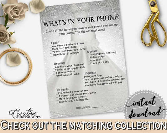 Silver And White Silver Wedding Dress Bridal Shower Theme: What's In Your Phone Game - mobile phone game, special day, party plan - C0CS5 - Digital Product