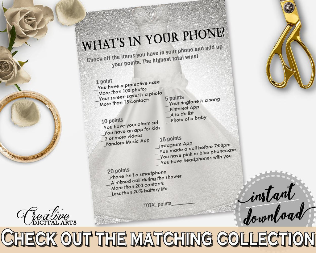 Silver And White Silver Wedding Dress Bridal Shower Theme: What's In Your Phone Game - mobile phone game, special day, party plan - C0CS5 - Digital Product
