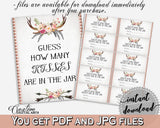 Guess How Many Kisses Game in Antlers Flowers Bohemian Bridal Shower Gray and Pink Theme, guess the kisses, grey pink, party stuff - MVR4R - Digital Product