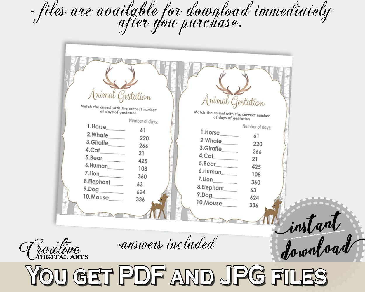 Animal Gestation Baby Shower Animal Gestation Deer Baby Shower Animal Gestation Baby Shower Deer Animal Gestation Gray Brown prints Z20R3 - Digital Product