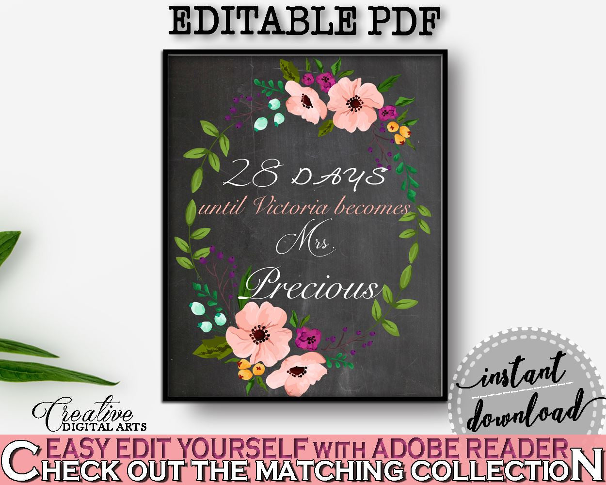 Days Until Becomes in Chalkboard Flowers Bridal Shower Black And Pink Theme, countdown bridal, chalk bridal shower, paper supplies - RBZRX - Digital Product