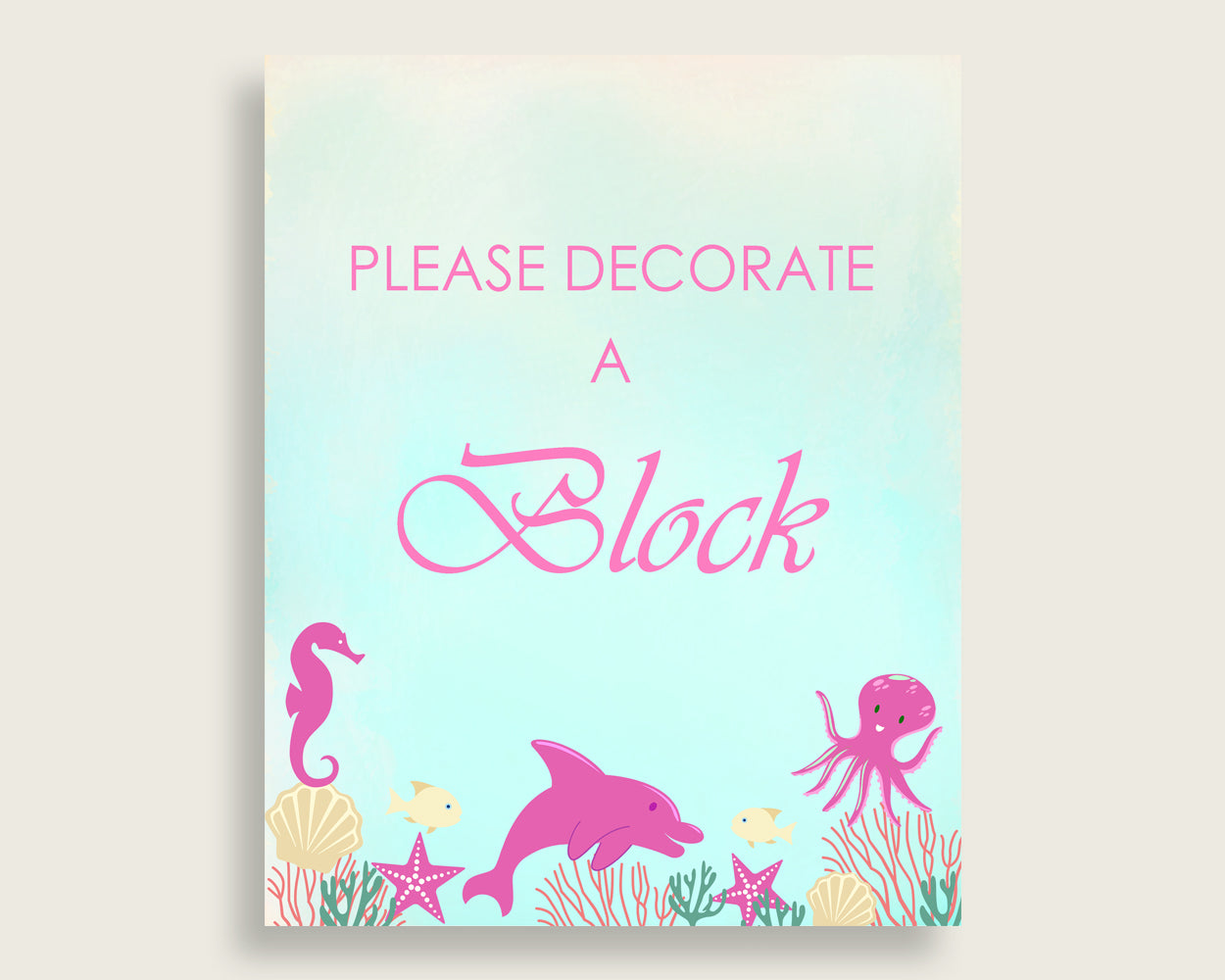 Pink Green Please Sign A Block Sign and Decorate A Block Sign Printables, Under The Sea Girl Baby Shower Decor, Instant Download, uts01