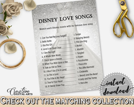 Silver Wedding Dress Bridal Shower Disney Love Songs Game in Silver And White, bridal quiz, stylish bridal theme, shower activity - C0CS5 - Digital Product