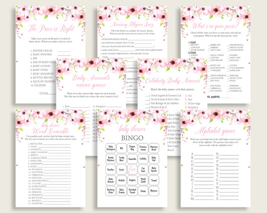 Flower Blush Baby Shower Games Printable Pack, Pink Green Baby Shower Games Package Girl, Flower Blush Games Bundle Set, Instant VH1KL