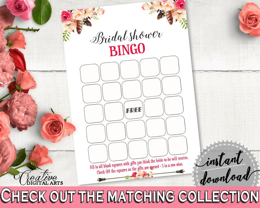 Pink And Red Bohemian Flowers Bridal Shower Theme: Bingo Gift Game - gift opening game, best seller, party stuff, party decorations - 06D7T - Digital Product