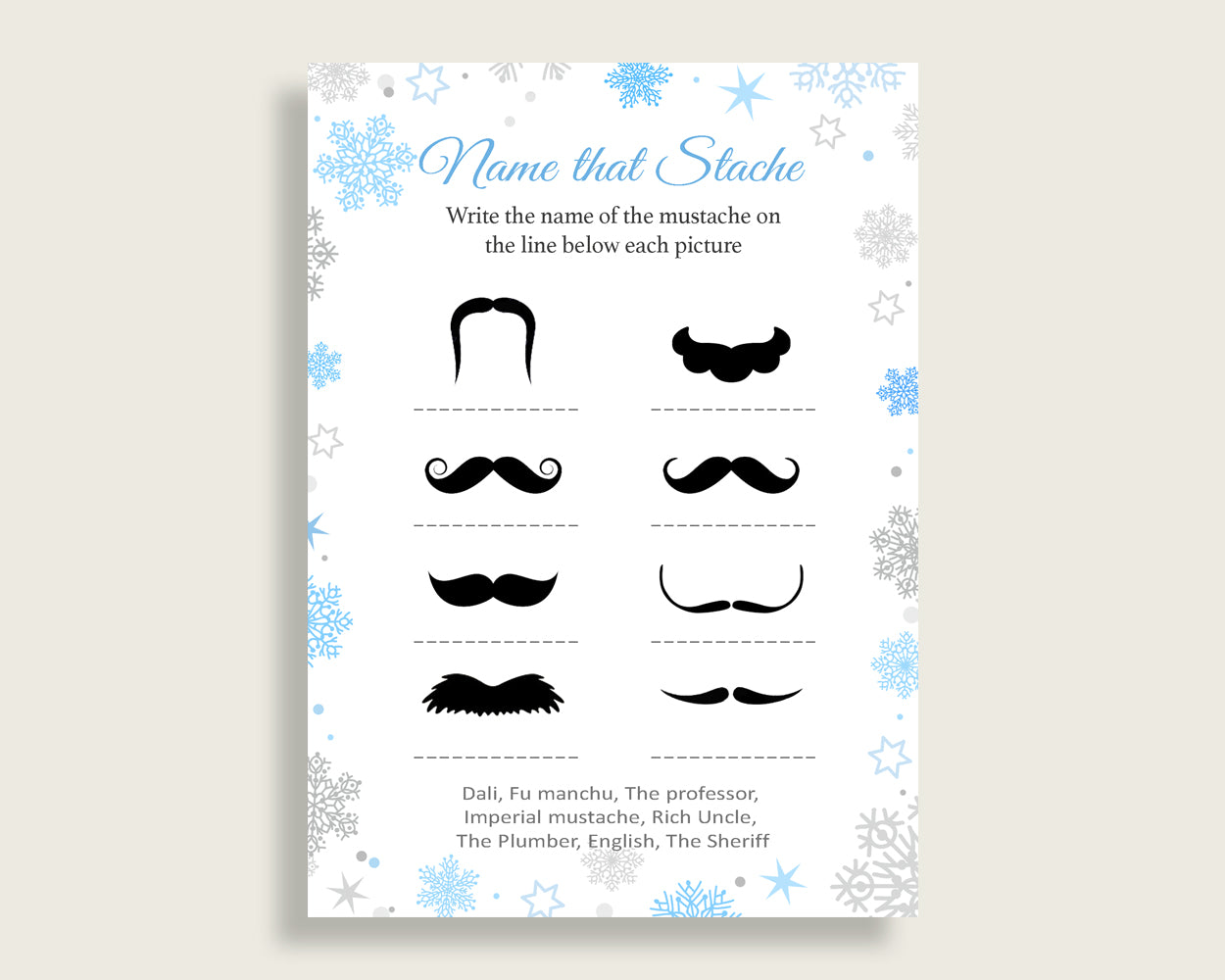 Name That Stache Baby Shower Name That Stache Snowflake Baby Shower Name That Stache Blue Gray Baby Shower Snowflake Name That Stache NL77H