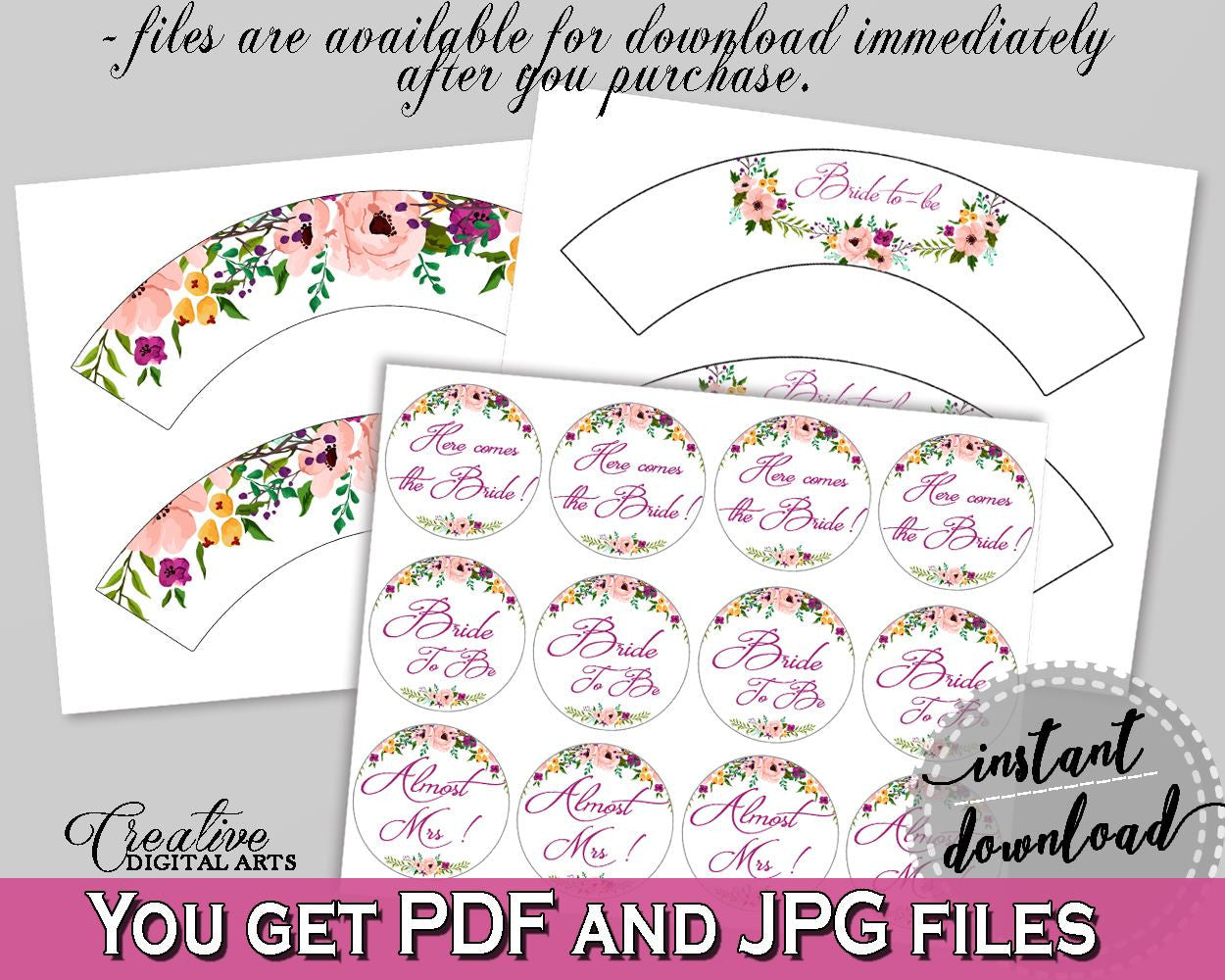 White And Pink Watercolor Flowers Bridal Shower Theme: Cupcake Toppers And Wrappers - printable wrappers, prints, digital print - 9GOY4 - Digital Product