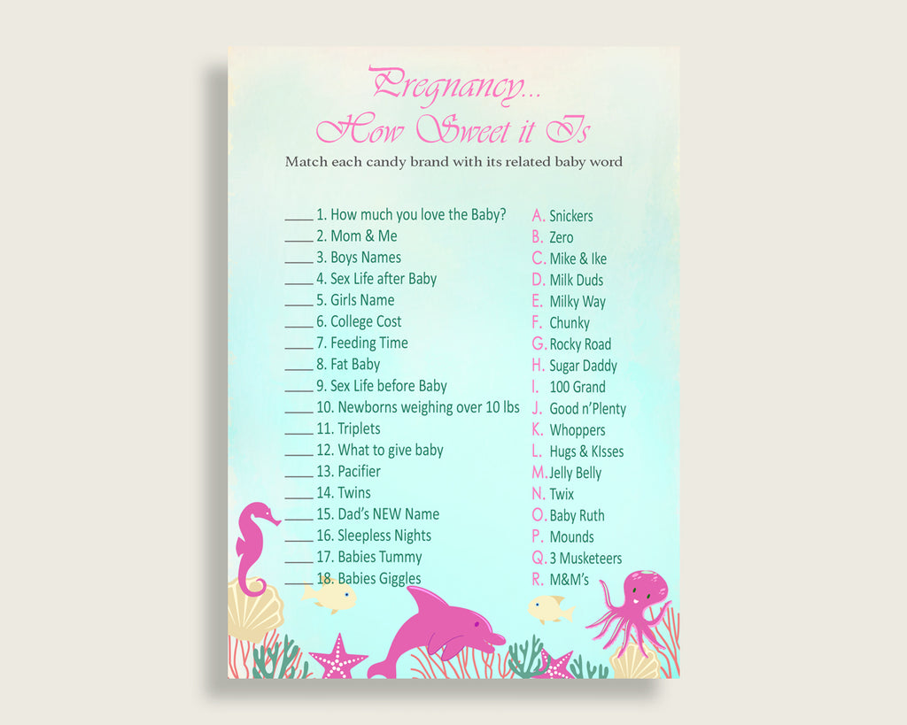 Pink Green Pregnancy How Sweet It Is Game, Under The Sea Baby Shower Girl, Printable Candy Bar Match Game, Instant Download, Popular uts01