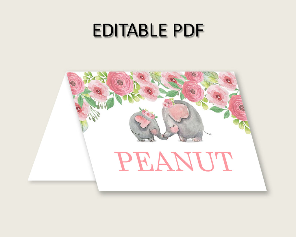 Pink Elephant Folded Food Tent Cards Printable, Pink Grey Editable Pdf Buffet Labels, Girl Baby Shower Food Place Cards, Instant ep001