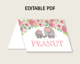 Pink Elephant Folded Food Tent Cards Printable, Pink Grey Editable Pdf Buffet Labels, Girl Baby Shower Food Place Cards, Instant ep001