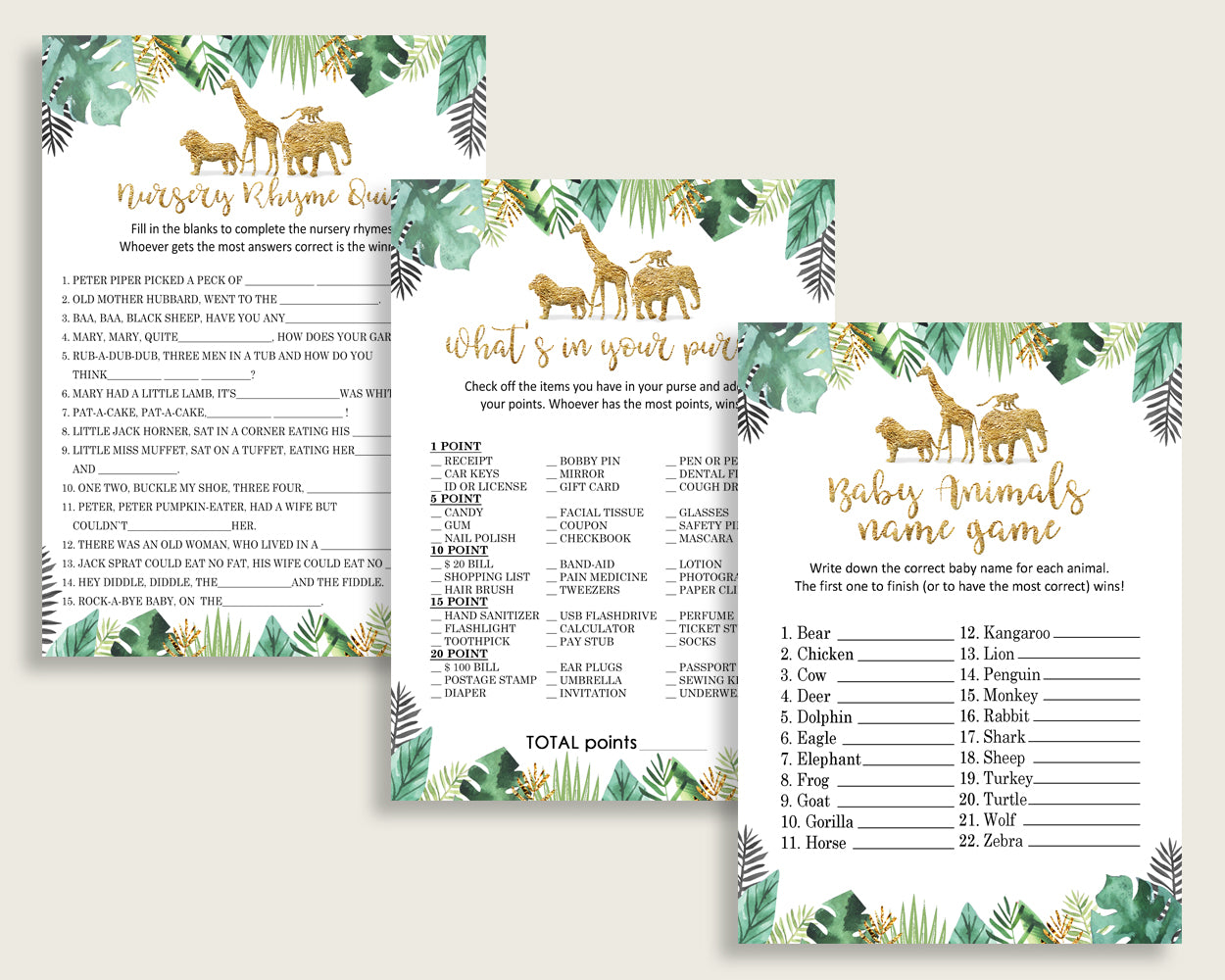 Jungle Baby Shower Games Printable Pack, Gold Green Baby Shower Games Package Gender Neutral, Jungle Games Bundle Set, Instant EJRED