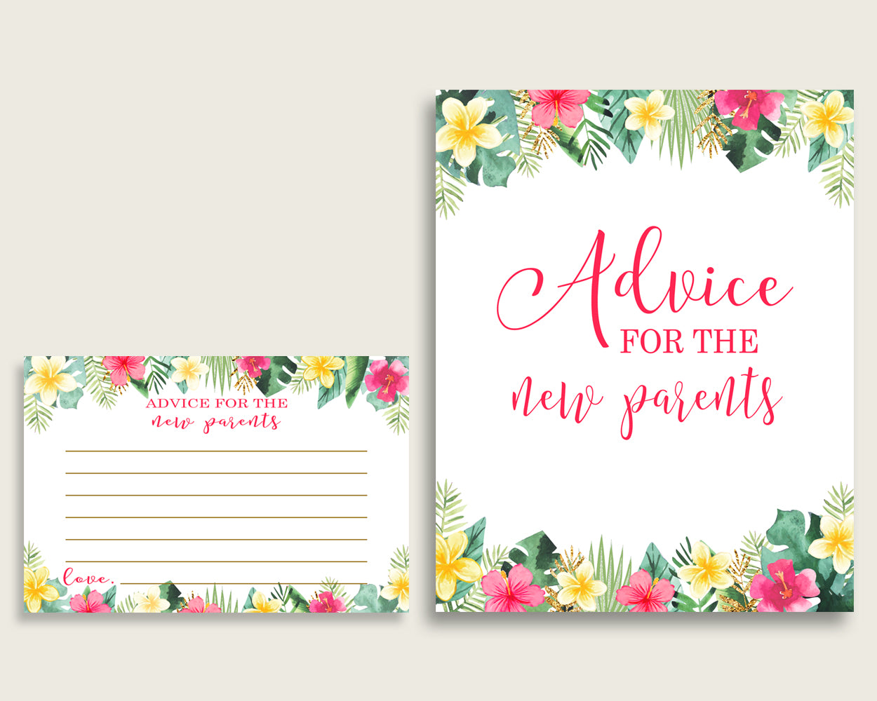 Hawaiian Advice For Mommy To Be Cards & Sign, Printable Baby Shower Pink Green Advice For New Parents, Instant Download, Luau Aloha 955MG