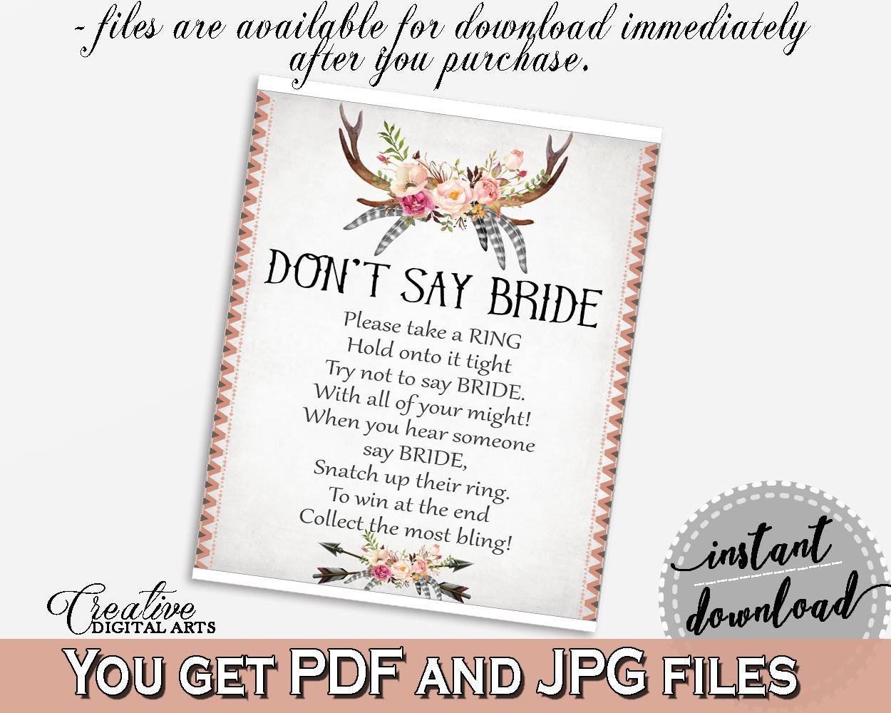 Antlers Flowers Bohemian Bridal Shower Don't Say Bride in Gray and Pink, please take a ring, deer horns, printables, prints, pdf jpg - MVR4R - Digital Product