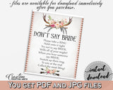 Antlers Flowers Bohemian Bridal Shower Don't Say Bride in Gray and Pink, please take a ring, deer horns, printables, prints, pdf jpg - MVR4R - Digital Product