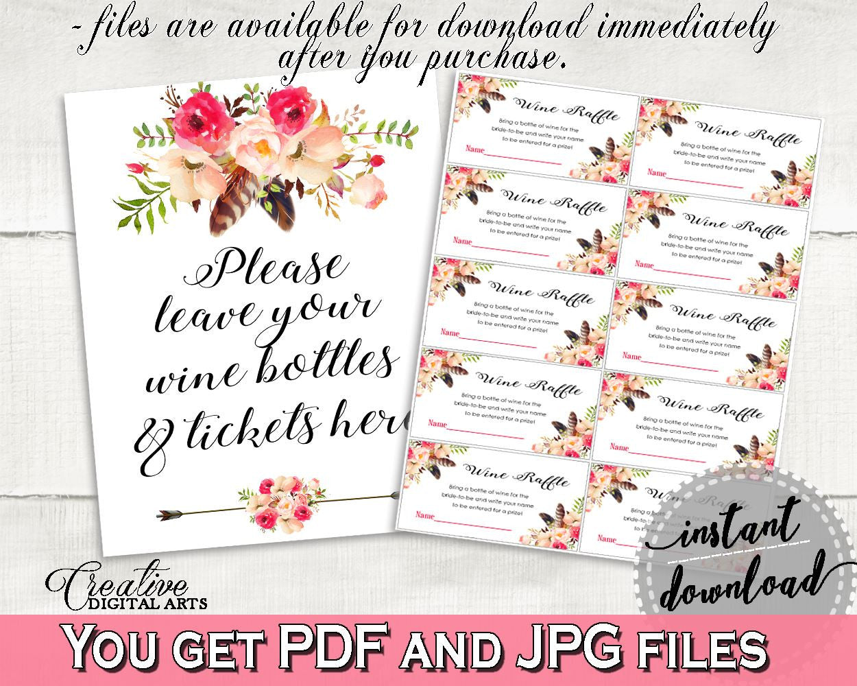 Bohemian Flowers Bridal Shower Wine Raffle in Pink And Red, wine instead card, premium bridal, party planning, party stuff, prints - 06D7T - Digital Product