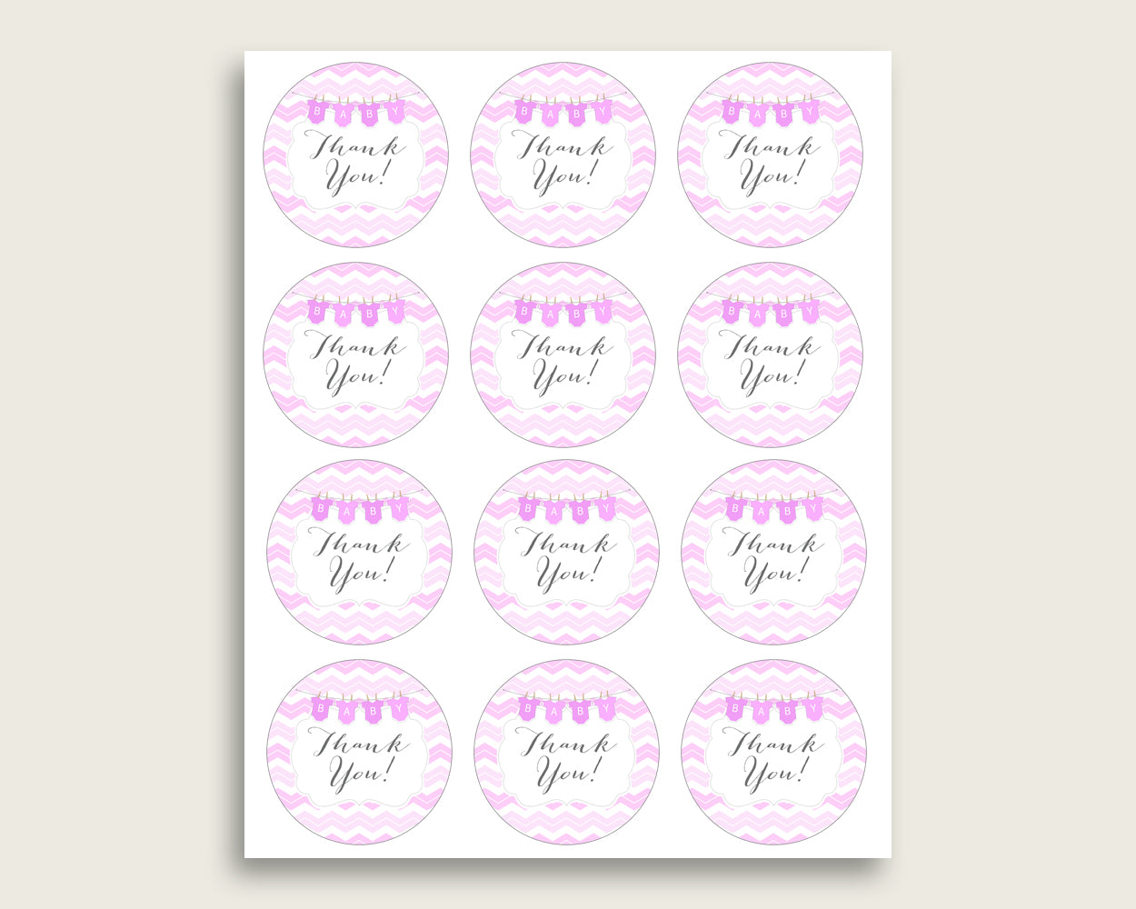 Chevron Baby Shower Round Thank You Tags 2 inch Printable, Pink White Favor Gift Tags, Girl Shower Hang Tags Labels, Digital File cp001