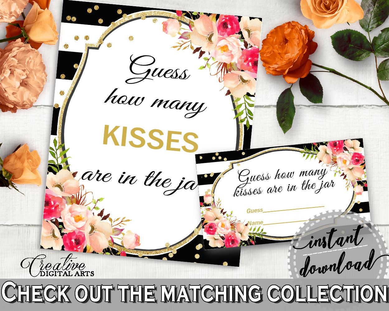 Black And Gold Flower Bouquet Black Stripes Bridal Shower Theme: Guess How Many Kisses Game - presume game, party decorations - QMK20 - Digital Product