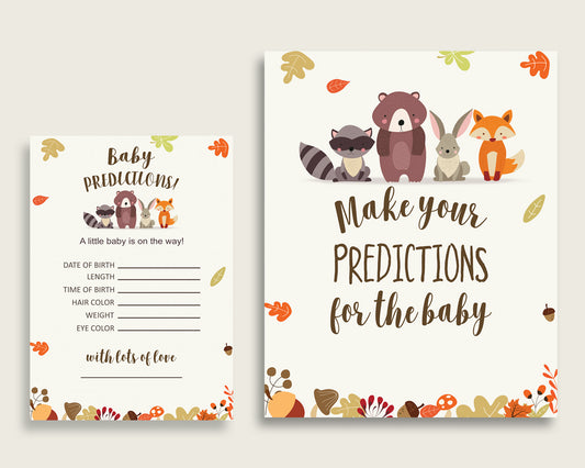 Woodland Baby Shower Prediction Cards & Sign Printable, Brown Beige Baby Prediction Game Gender Neutral, Instant Download, Bear Forest w0001