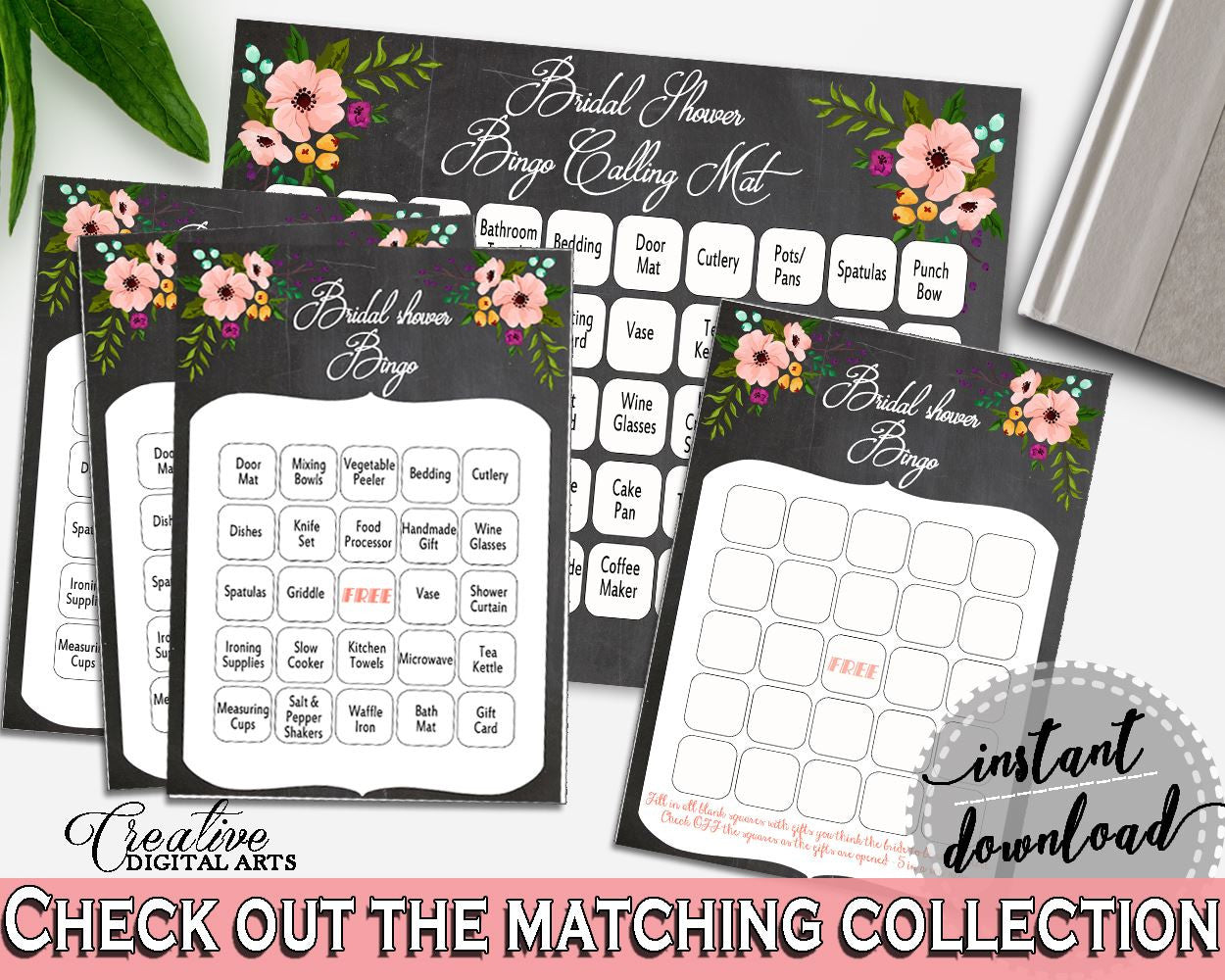 Chalkboard Flowers Bridal Shower Bingo 60 Cards in Black And Pink, luck game, black bridal shower, digital print, party supplies - RBZRX - Digital Product