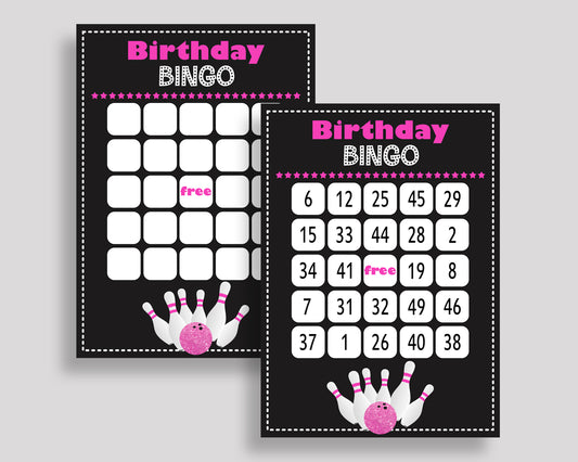 Bowling Bingo Game Cards, Bowling Birthday Game, Printable Pink Black Bingo Prefilled, Numbered Bingo 60 Cards, Bingo Girl, WYP5V